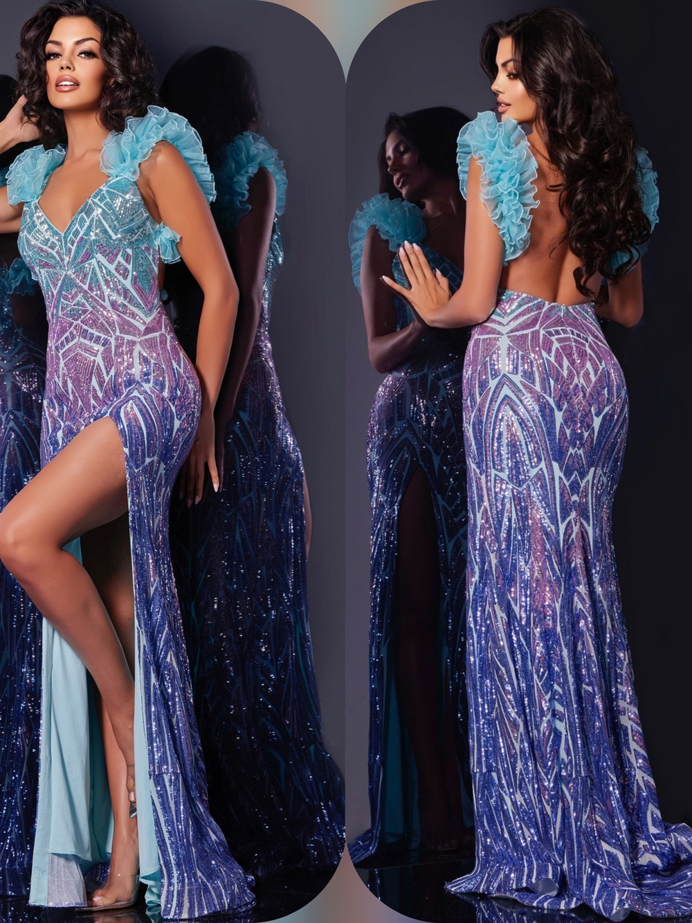 Jovani Purple and Aqua Beaded Ruffled Shoulder Evening Gown